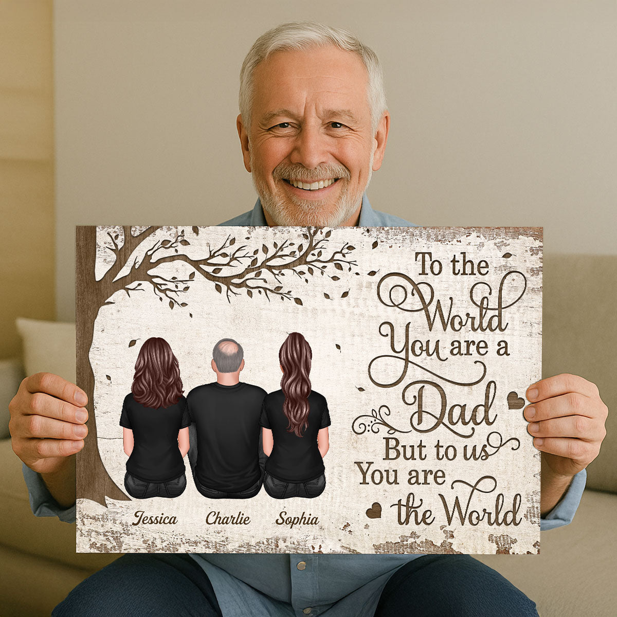 Back View Dad And Kids Dogs Cats Sitting - Personalized Poster - Gift For Dad, Husband