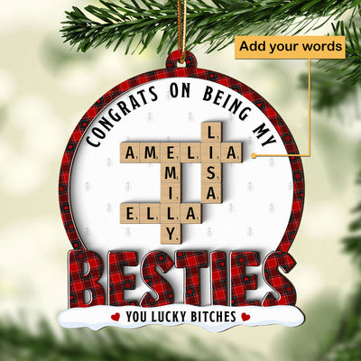 Congrats On Being My Besties Sisters Crossword Puzzle Art Personalized 2-Layer Wooden Ornament, Unique Christmas Gift For Besties Sisters