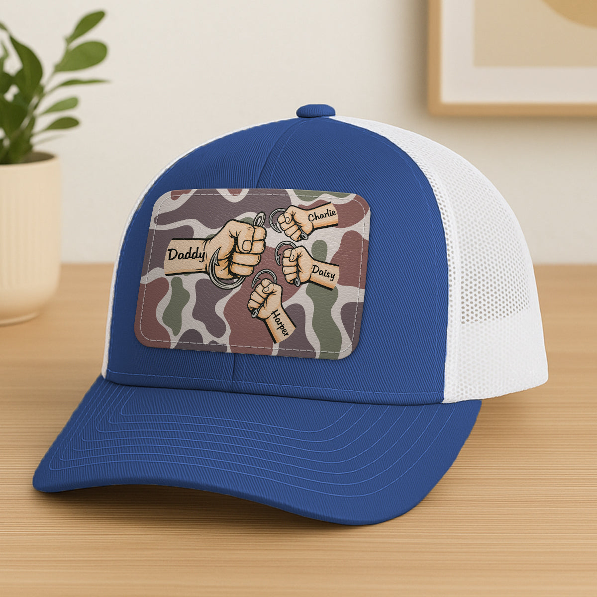 Dad Grandpa & Kids Fist Bump Fishing With Hooks Personalized Leather Patch Hat, Father's Day Gift For Husband, For Dad, For Grandpa