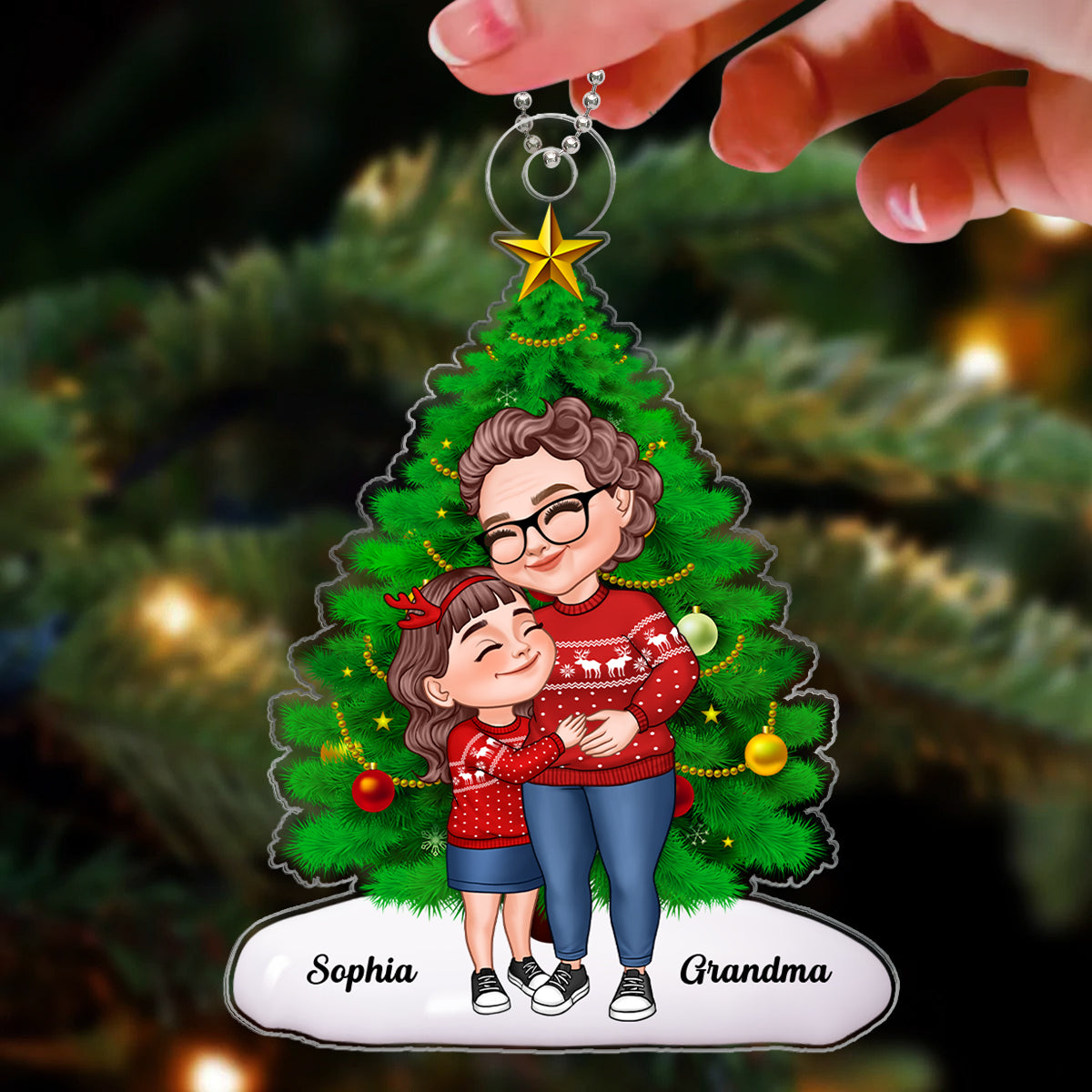 Cartoon Grandma & Grandkid Hugging By Christmas Tree Personalized Acrylic Ornament