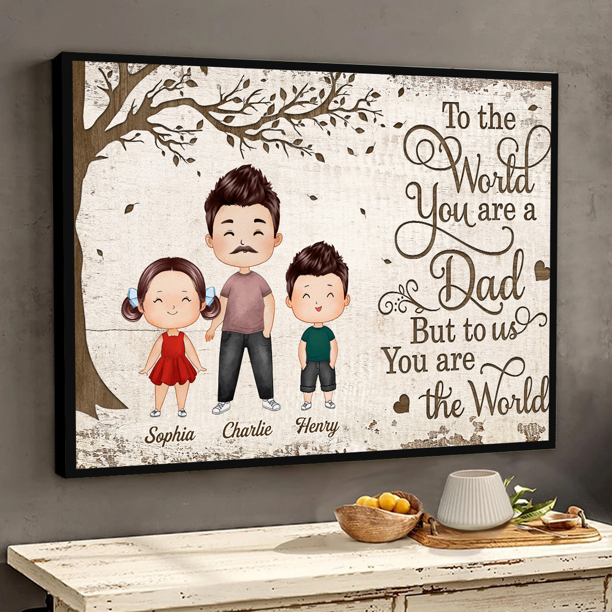 Watercolor Style Doll Dad And Kids Dogs Cats Under Tree Personalized Horizontal Poster