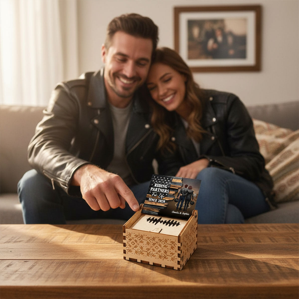 Eternal Love Back View Biker Couple Riding Partners For Life Half Nation Flag - Personalized Wooden Music Box - Gift For Couple, Bikers, Gift For Him, For Her
