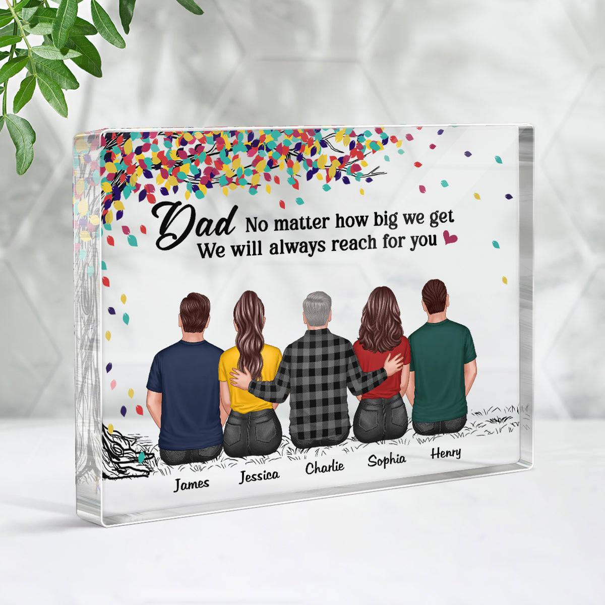 Back View Dad And Daughters Sons Sitting Under Colorful Tree Personalized Horizontal Rectangle Acrylic Block