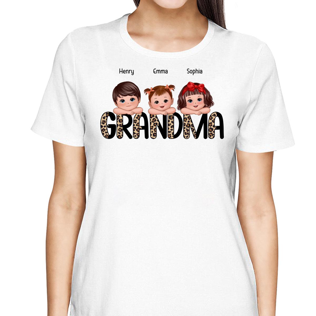 Half Leopard Grandma Cute Grandkids Laying Head On Arms Personalized Shirt