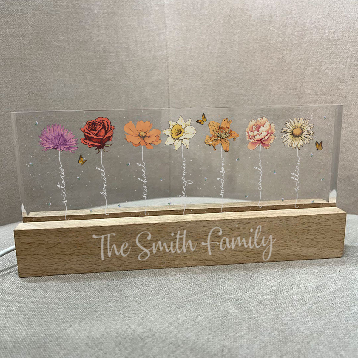 Family Members Birth Month Flowers Personalized Acrylic Block LED Night Light, Gift For Dad, Mom, Son, Daughter