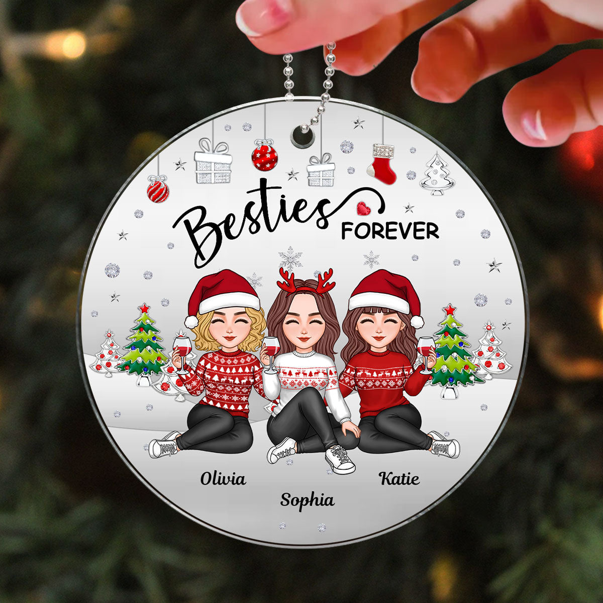 Metal Texture Besties Sisters Sitting Together Christmas Gift Personalized Acrylic Ornament