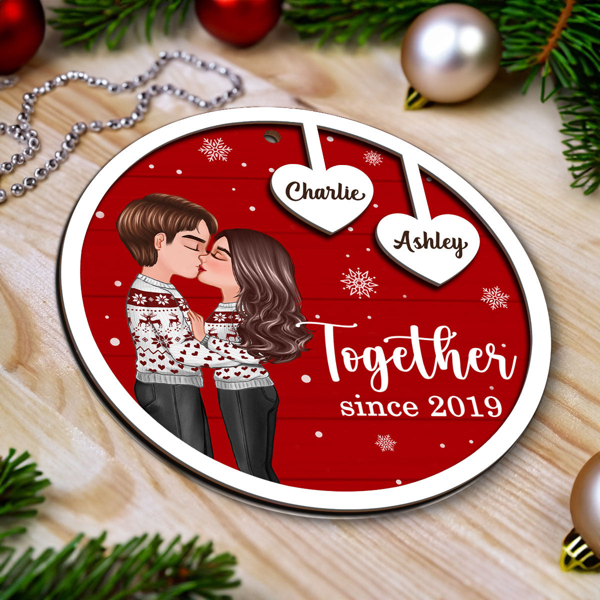 Coupe Kissing Heart Strings Christmas Personalized 2-Layer Wooden Ornament