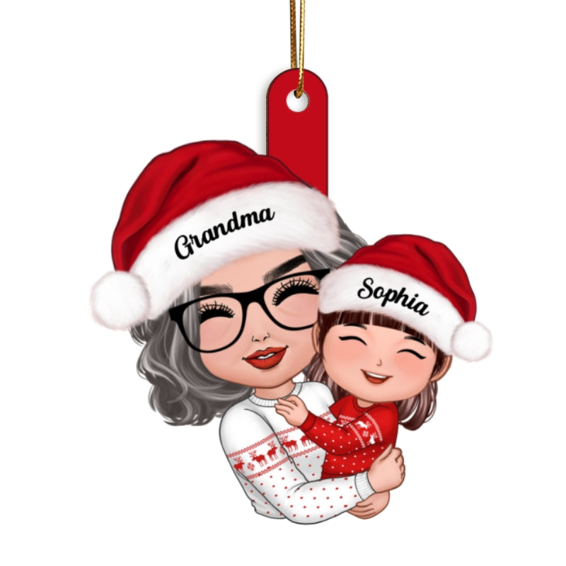 Doll Grandma Hugging Kid Christmas Gift For Granddaughter Grandson Personalized Wooden Ornament