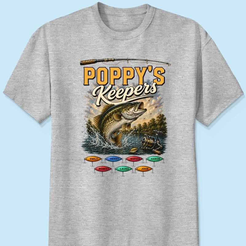 Poppy's Keepers Fishing With Grandkids Names - Personalised Shirt - Father's Day Gift For Dad, Grandpa
