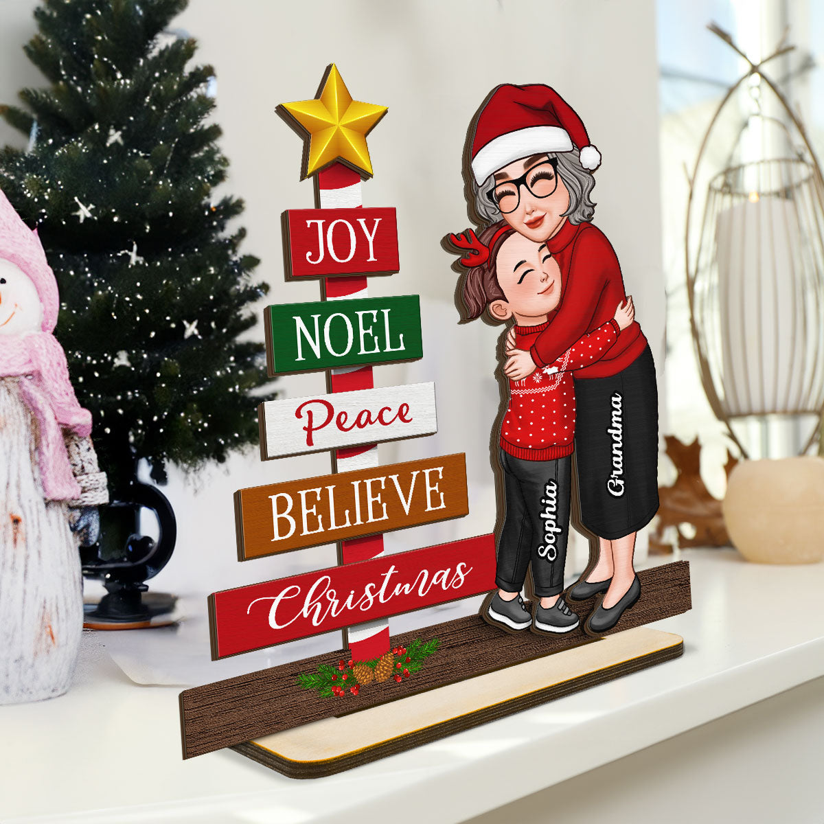 Joy Peace Believe Christmas Gift For Granddaughter Grandson Personalized 2-Layer Standing Wooden Plaque