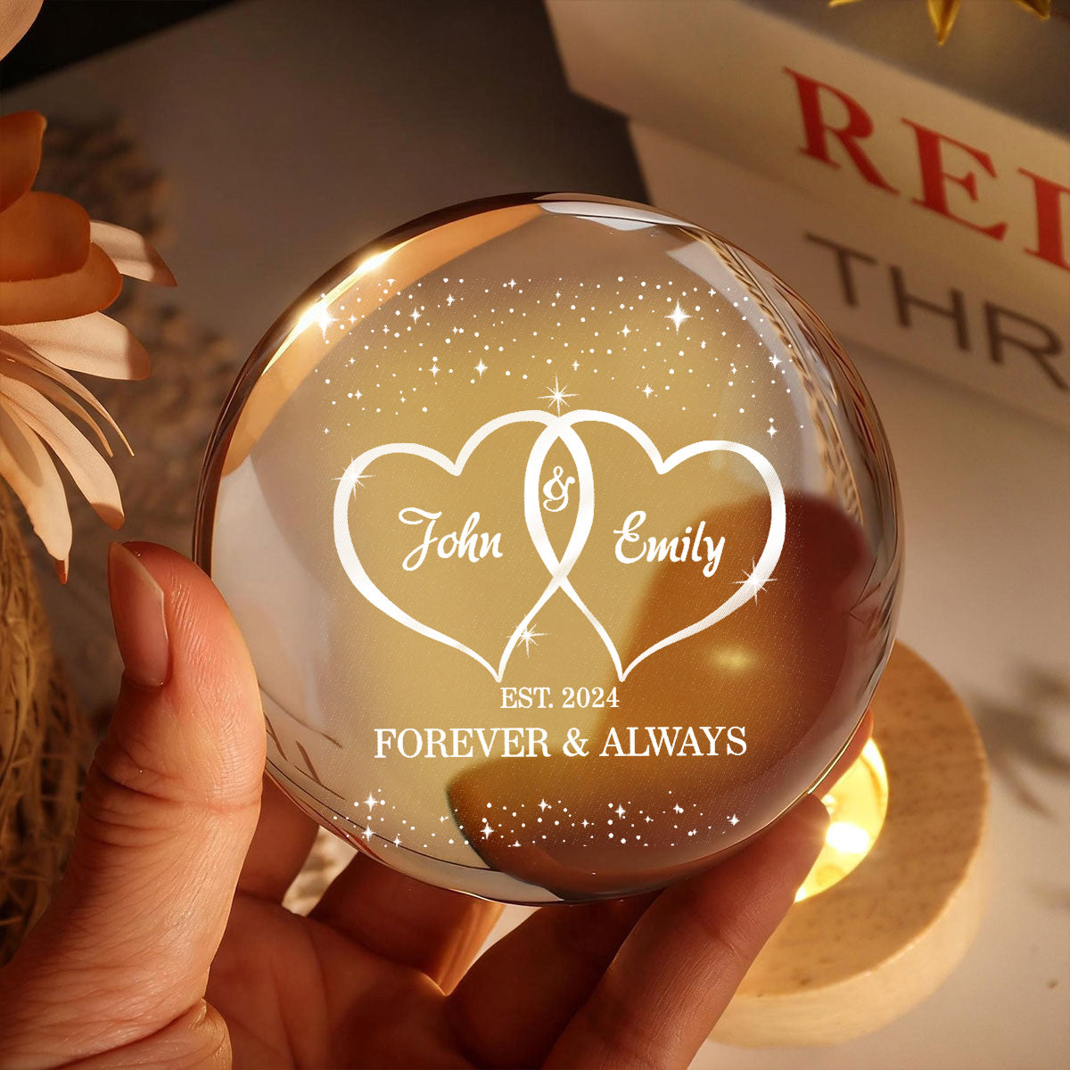 Eternal Love Galaxy Couple Hearts - Personalized Crystal Ball LED Night Light - Valentine's Day Gift For Couple, For Her, For Him