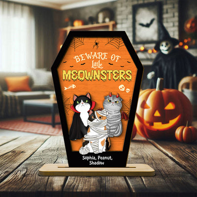 Beware Of Little Meownsters Coffin Shaped Personalized 2 Layer Standing Wooden Plaque, Halloween Tiered Tray Decor