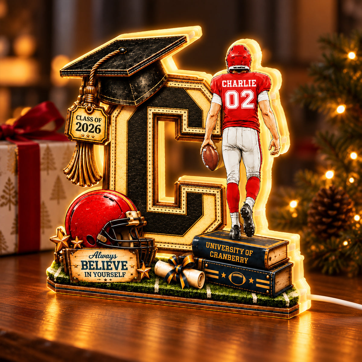 Football Graduation Custom Initial - Personalized Light Box - Class of 2026 Senior Gift, Christmas Gift for Son, Grandson, for Him