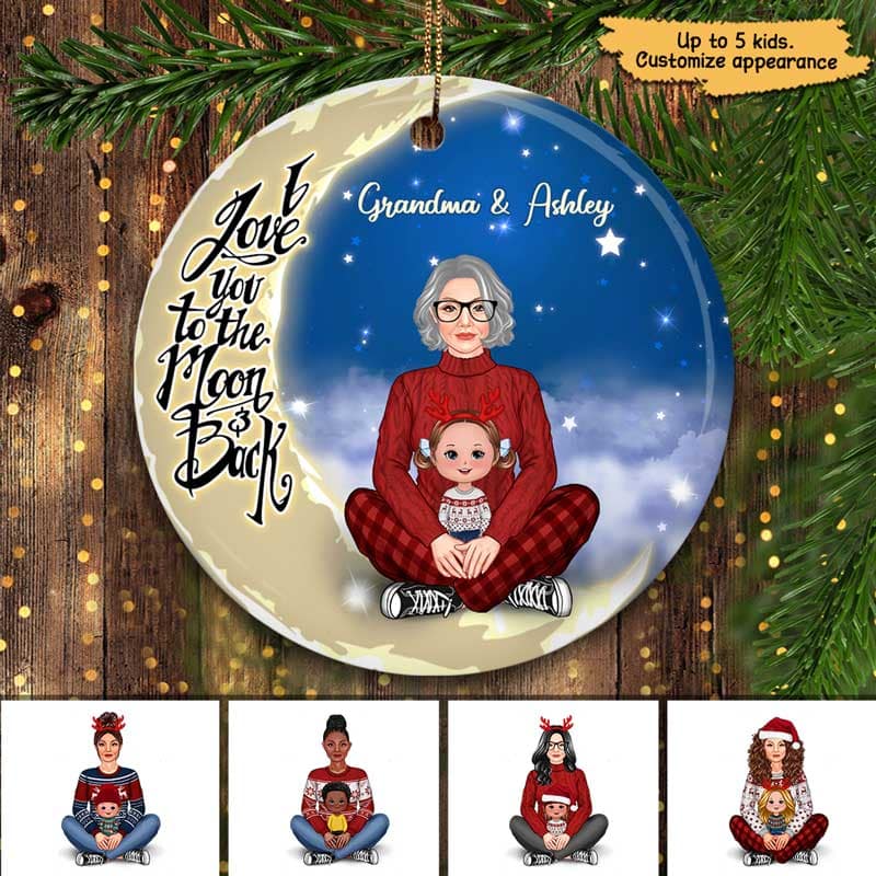 Love To The Moon Pretty Grandma & Kids Personalized Circle Ornament
