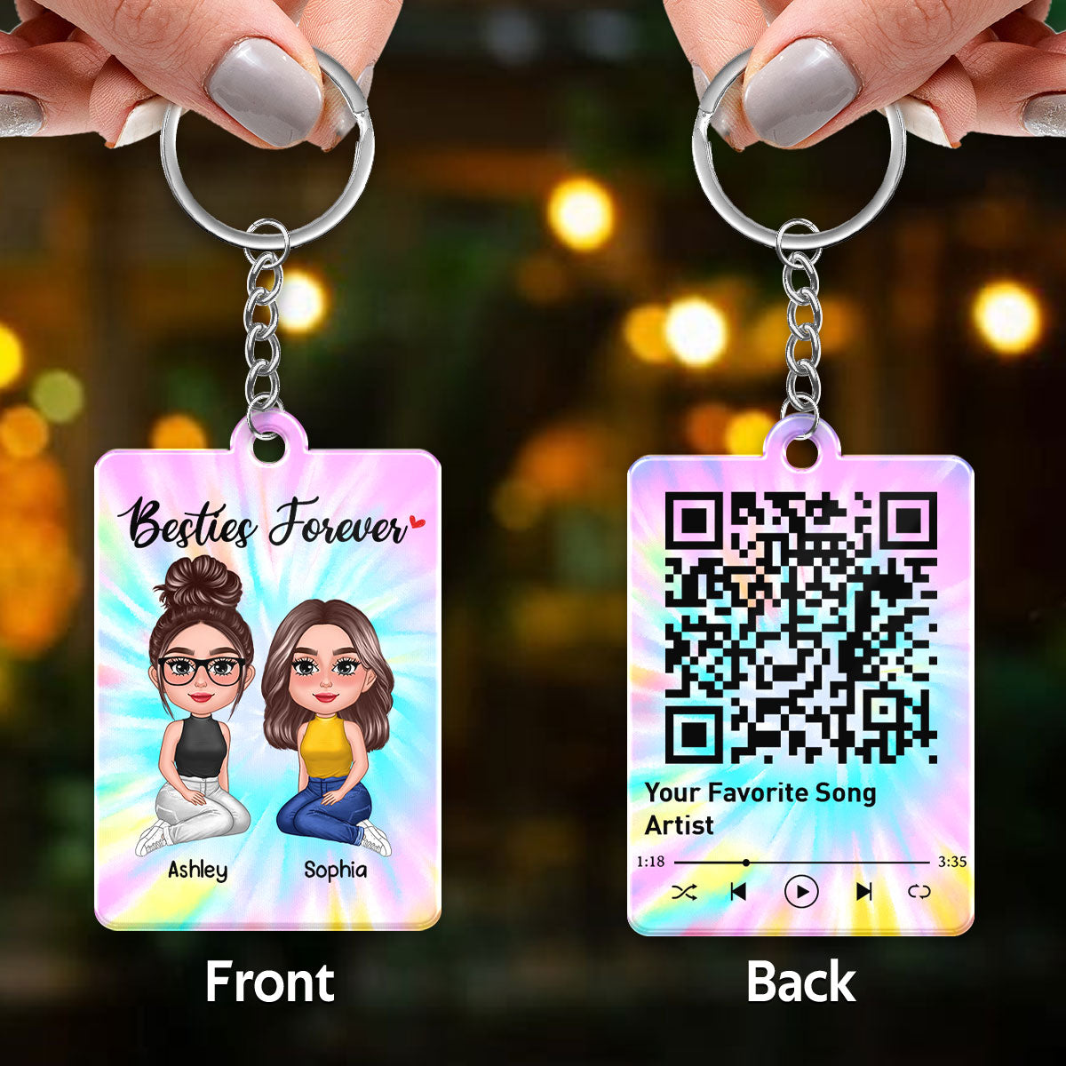 Pretty Doll Besties Sisters Tiedye Background Favorite Song Scannable QR Code Personalized Acrylic Keychain