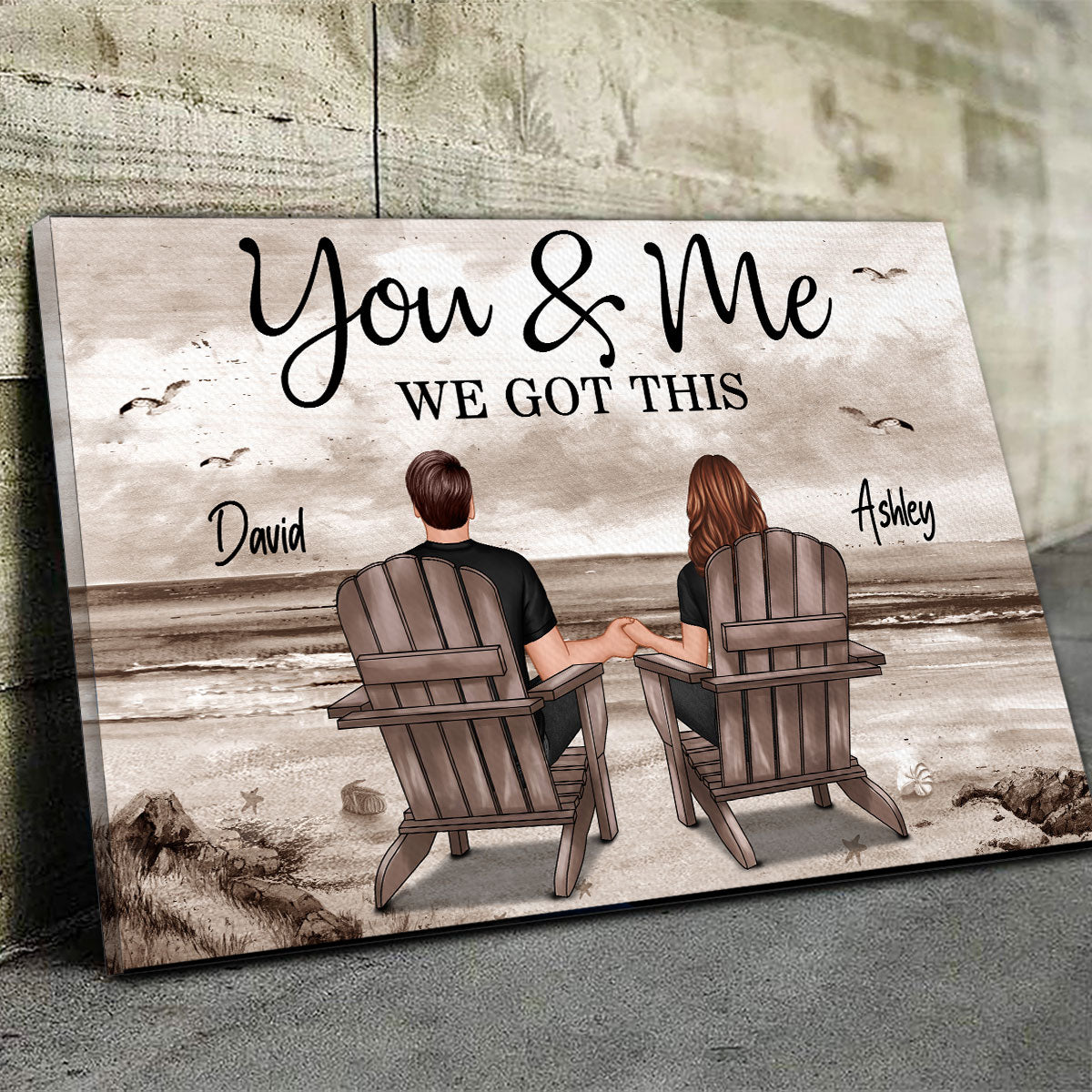 Retro Vintage Back View Couple Sitting Beach Landscape Personalized Canvas, Anniversary Gift For Couple, Husband, Wife, Dad, Mom