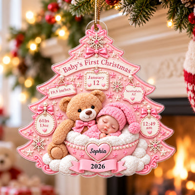 Baby's First Christmas Teddy Bear Tree - Personalized Acrylic Ornament – Custom Newborn Birth Stats Keepsake, First Christmas Gift for Baby Boy & Girl