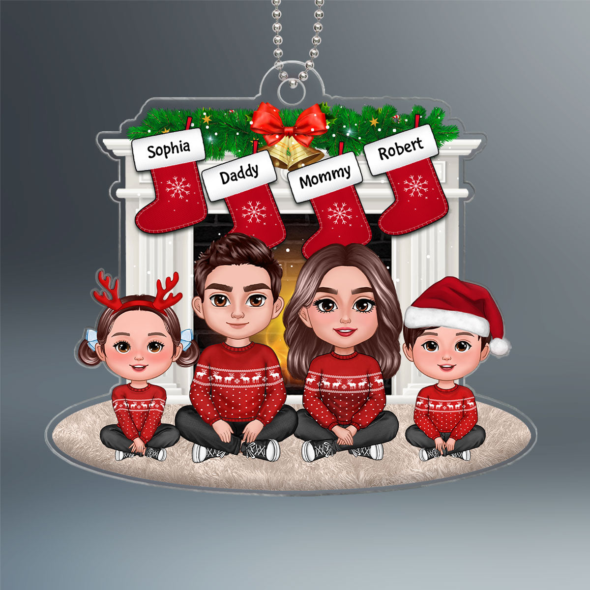 Family Crossed Legs Sitting By Christmas Fireplace Dad Mom Kid Dog Cat Personalized Acrylic Ornament