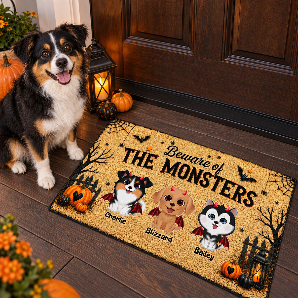 Halloween Theme Beware Of The Monsters Dogs - Personalized Doormat - Halloween Decor For Dog Lovers