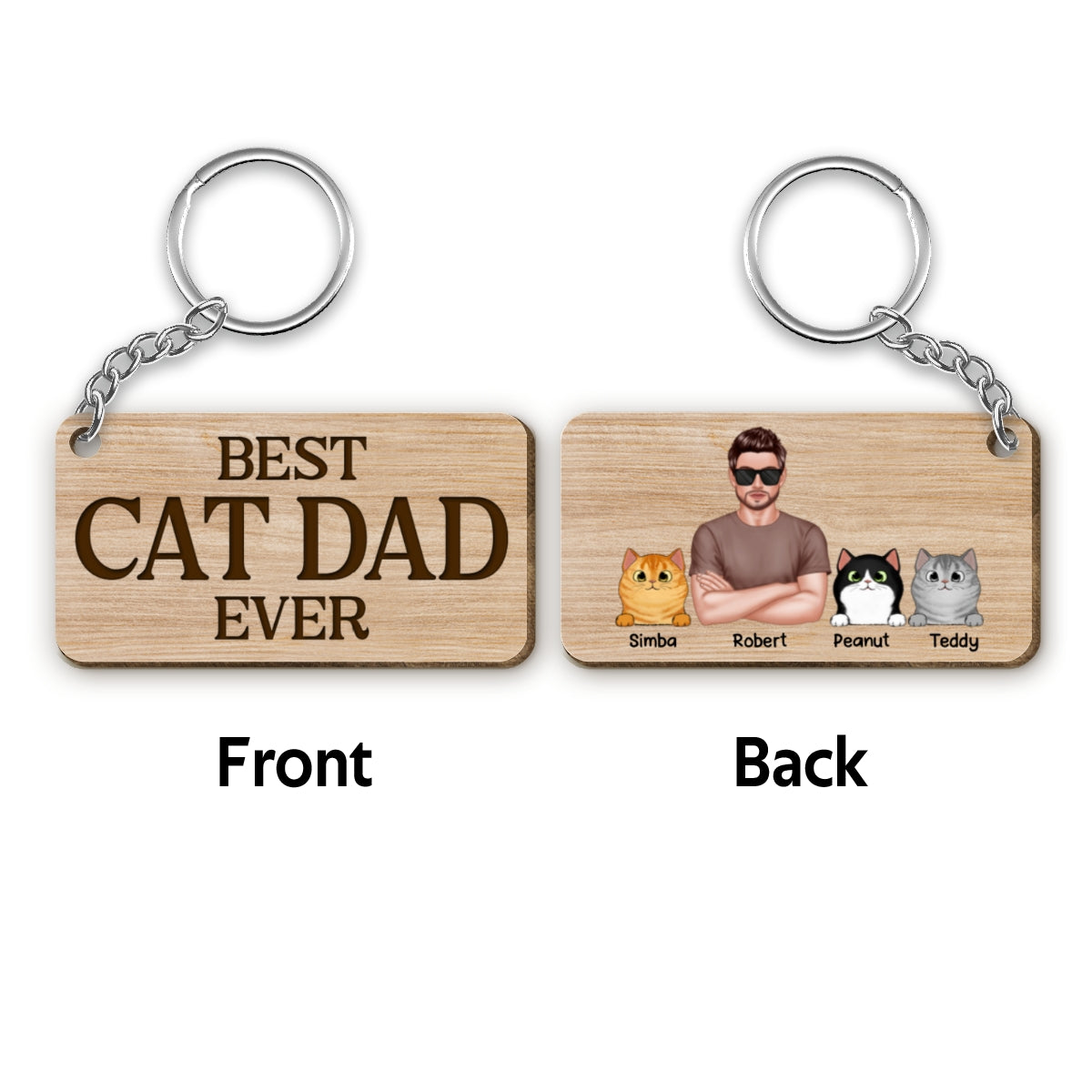 Best Cat Dad Ever Man & Fluffy Cats Personalized Wooden Keychain