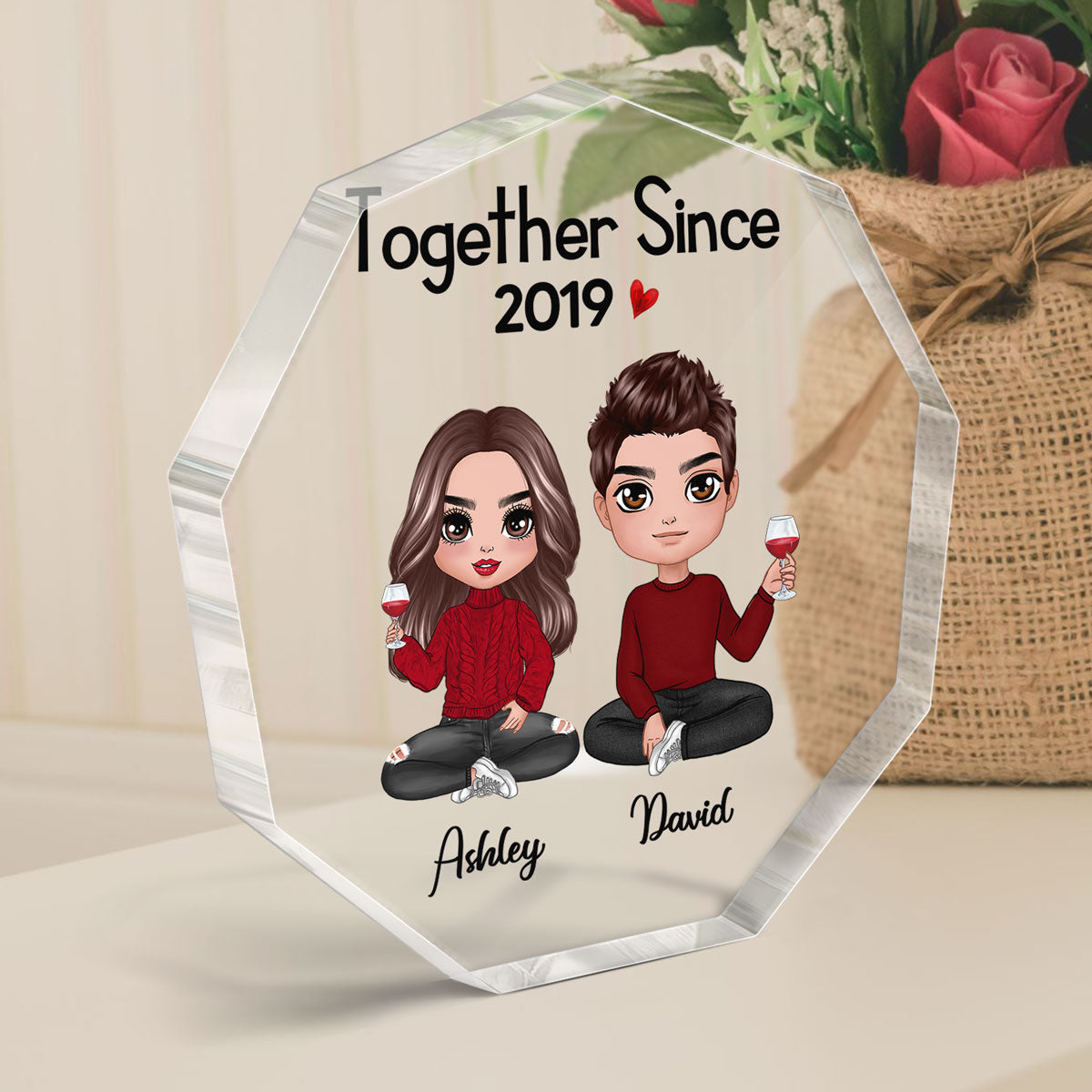 Doll Couple Sitting Gift For Him Gift For Her Personalized Nonagon Acrylic Plaque