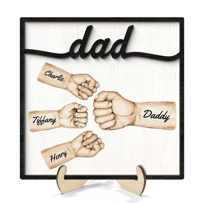 Dad Fist Bump With Kids Names Personalized 2-Layer Wooden Plaque