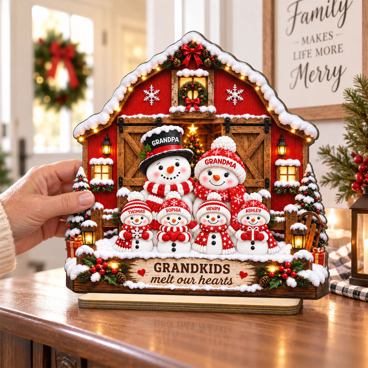 Heartwarming Christmas Snowman Grandpa Grandma Grandkids Barn House - Personalized 2-Layered Wooden Plaque - Christmas Gift For Grandparents, Grandparents House Decor