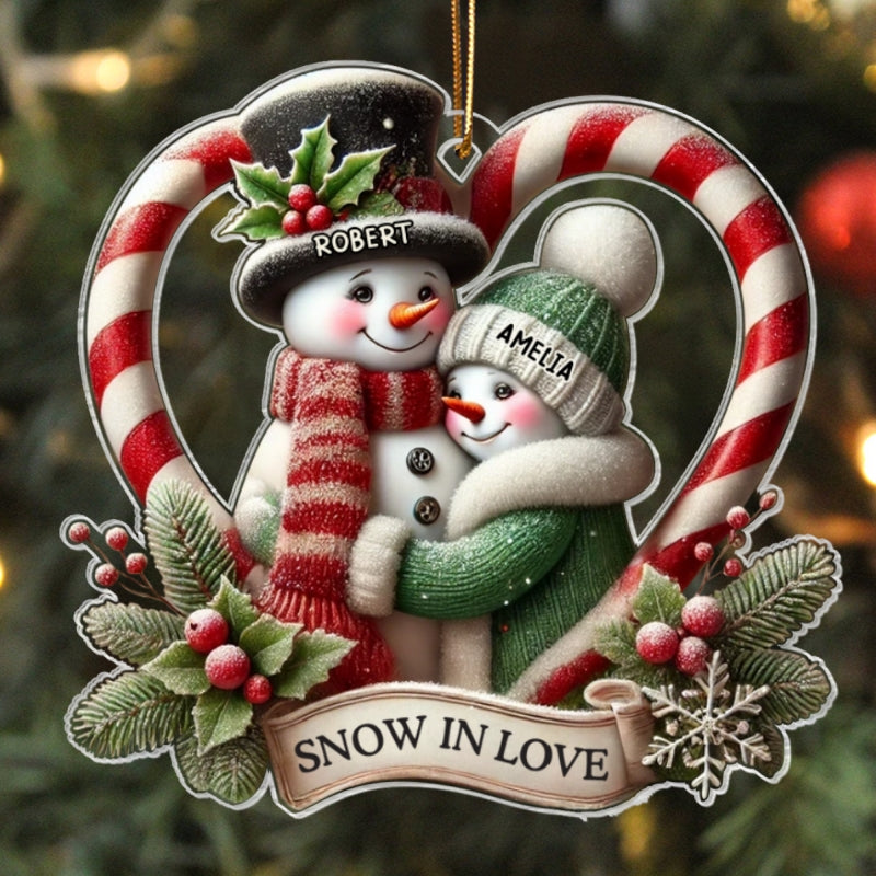 Snow in Love Couple Candy Cane Heart Personalized Acrylic Ornament, Unique Christmas Gift For Her, For Him, For The Couple