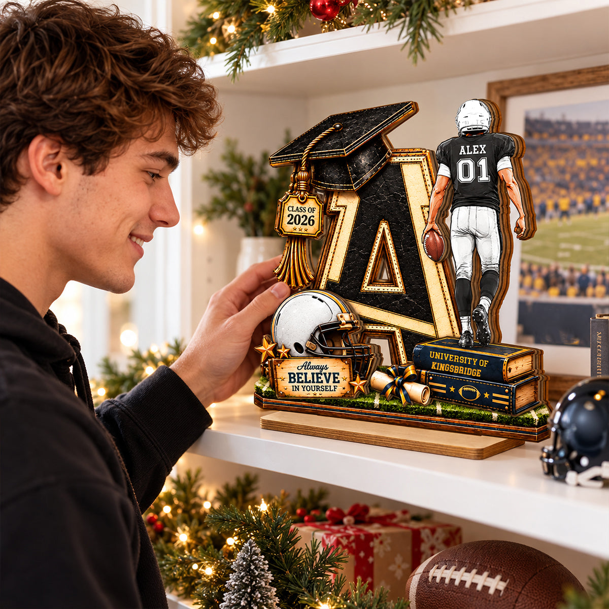 Football Graduation Custom Initial - Personalized 2-Layered Wooden Plaque - Class of 2026 Senior Gift, Christmas Gift for Son, Grandson, for Him