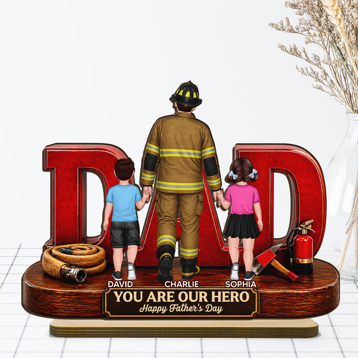 Proud Firefighter Dad You Are Our Hero - Personalized 2-Layered Wooden Plaque - Father's Day Gift For Dad