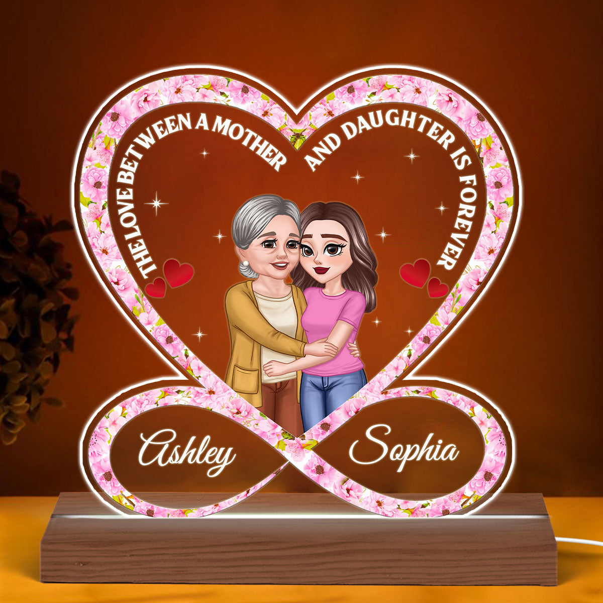 Infinity Heart Mother Daughter Hugging Personalized Acrylic Custom Shape LED Night Light