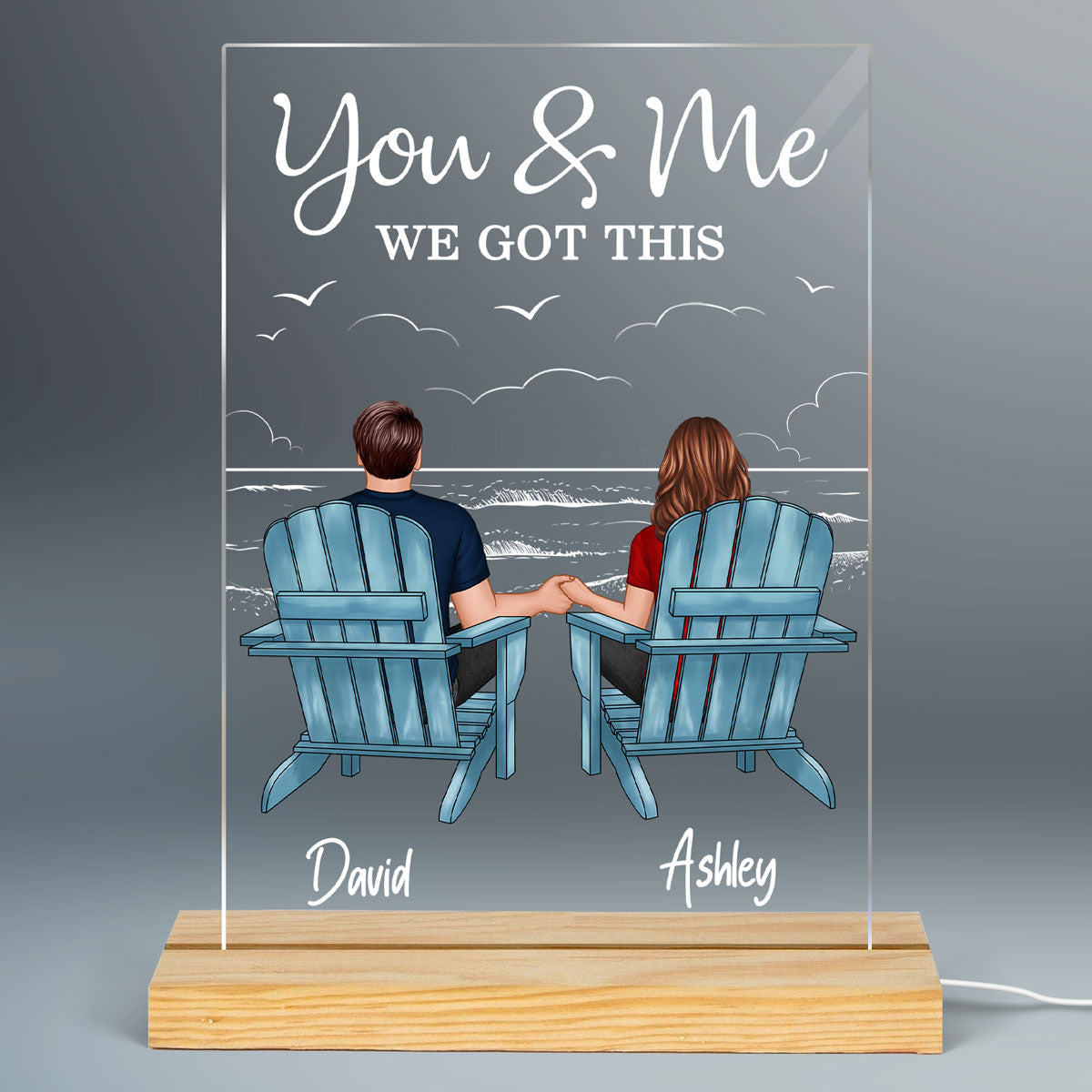 Beach Landscape Back View Couple Sitting On Chairs  Anniversary Gift For Him Gift For Her Personalized Rectangle Acrylic Plaque LED Lamp Night Light