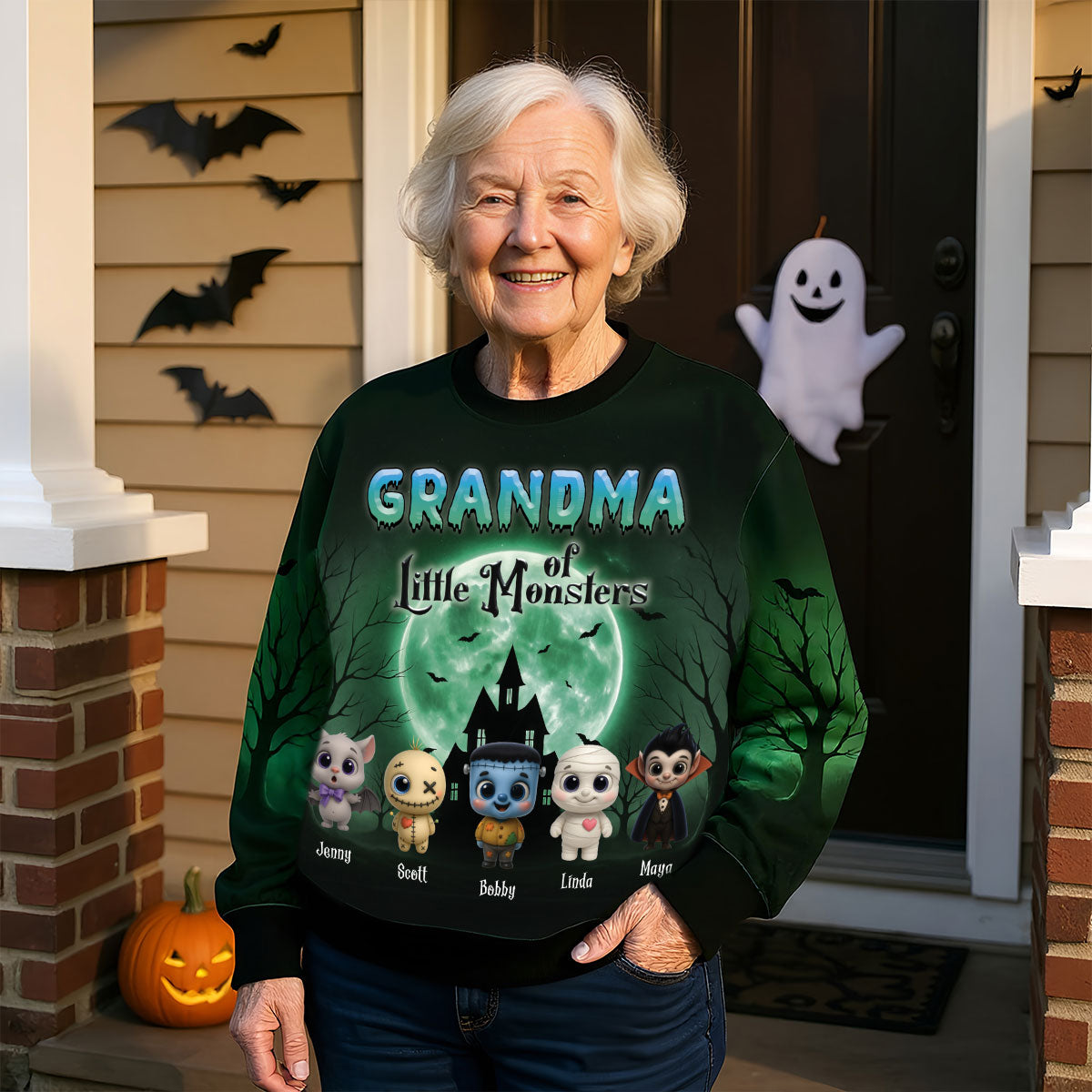 Grandma Mom Little Monsters Teal Theme Personalized 3D Sweatshirt, Halloween gift for Grandma