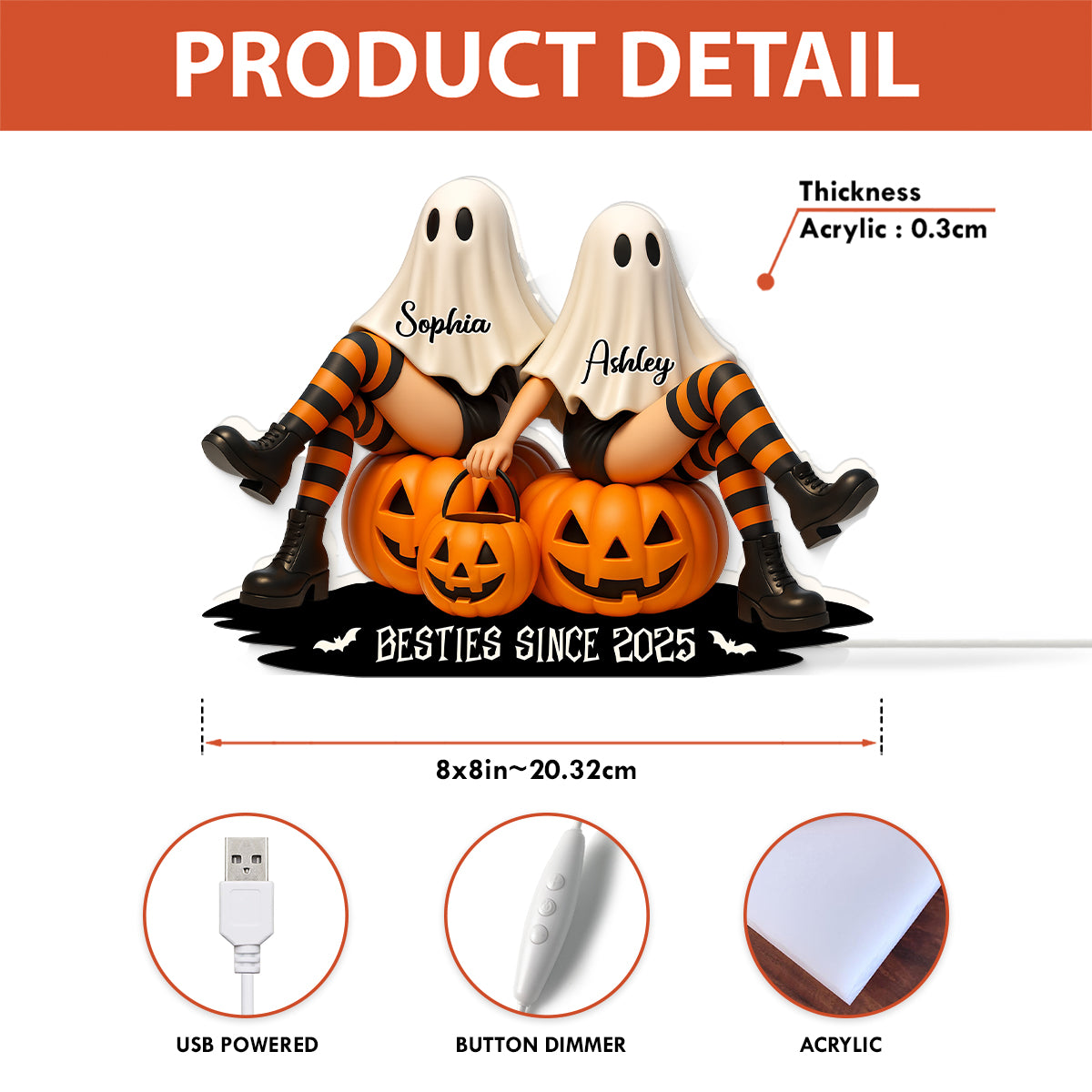 Ghost Besties Sitting Personalized Light Box, Halloween Decor for Besties, Gift for Best Friends