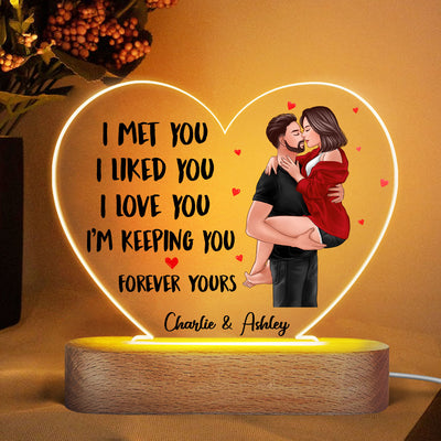 Man Holding Woman Kissing Gift For Him For Her Personalized Acrylic Heart Plaque With LED Night Light