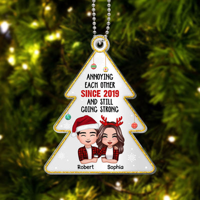 Annoying Each Other Since Doll Couple Hugging Holding Drinks Personalized Christmas Tree Shaped Acrylic Ornament