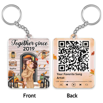 Fall Season Couple Kissing In Front Porch Favorite Song QR Code Personalized Acrylic Keychain