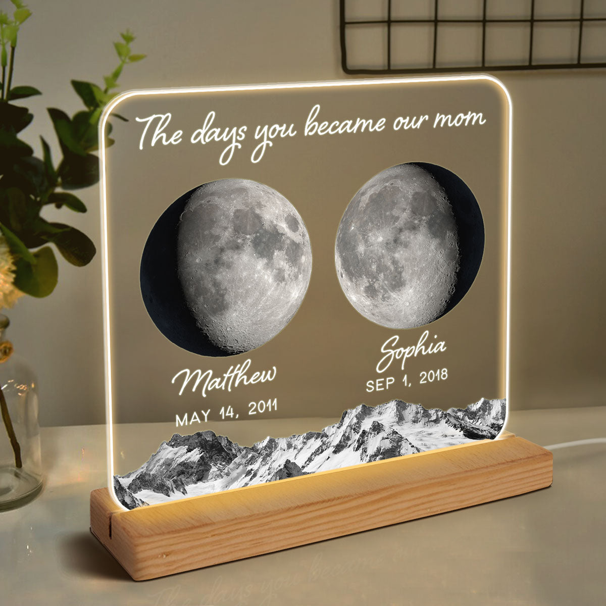 The Day You Became Mom Grandma Custom Birth Moon Phase Personalized Acrylic Warm LED Night Light, Gift