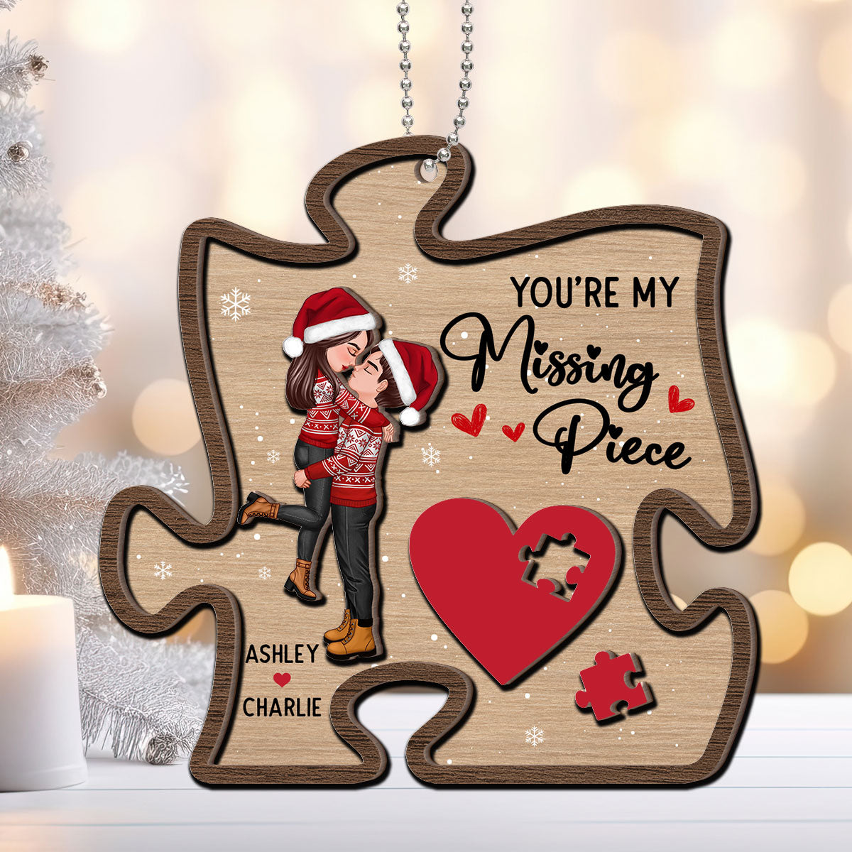 My Missing Piece Couple Hugging Kissing Christmas Personalized 2-Layer Wooden Ornament