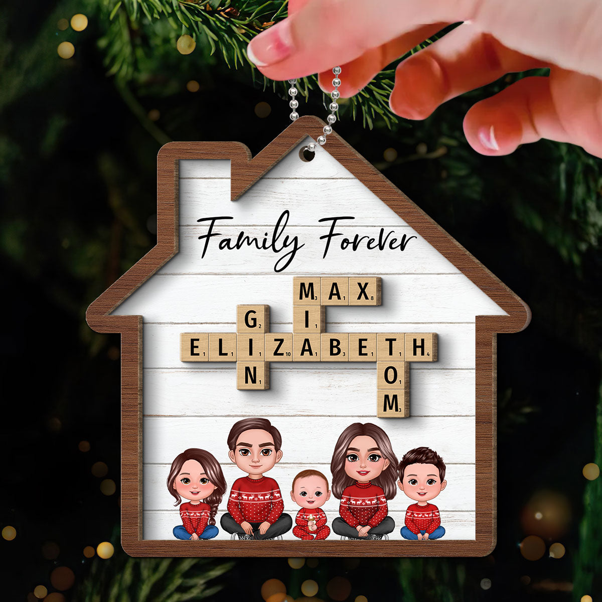 Family Sitting Together Crossword Puzzle Art Personalized House Shaped 2-Layer Wooden Ornament