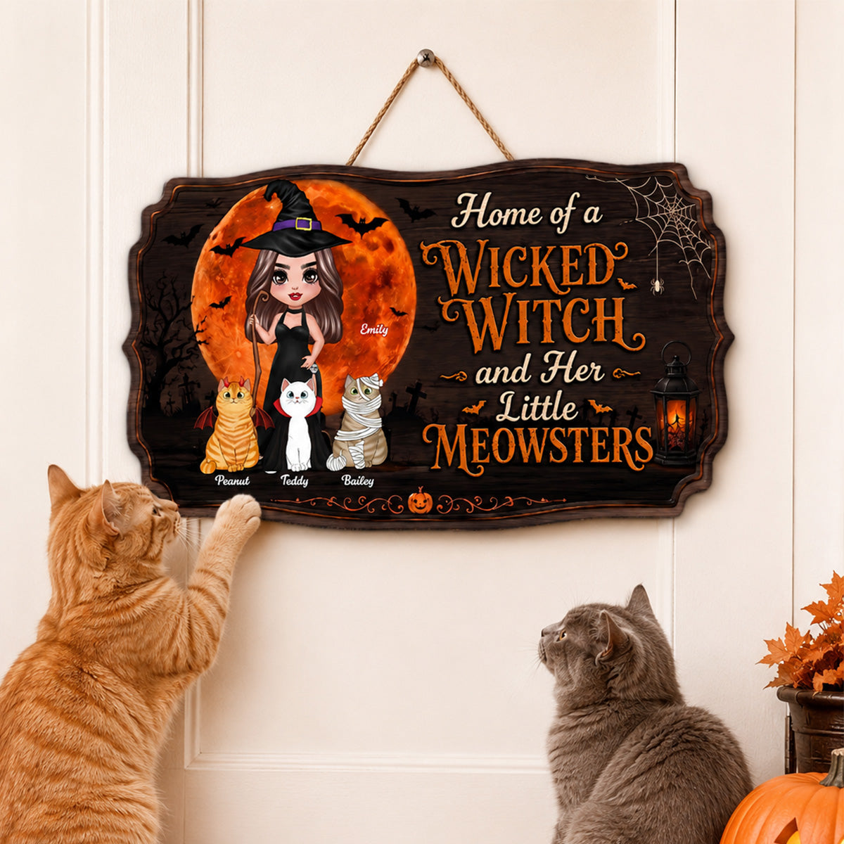 Home Of A Wicked Witch And Little Meownsters - Personalized Door Hanger Sign - Halloween Wigan Pagan Decor For Cat Mom