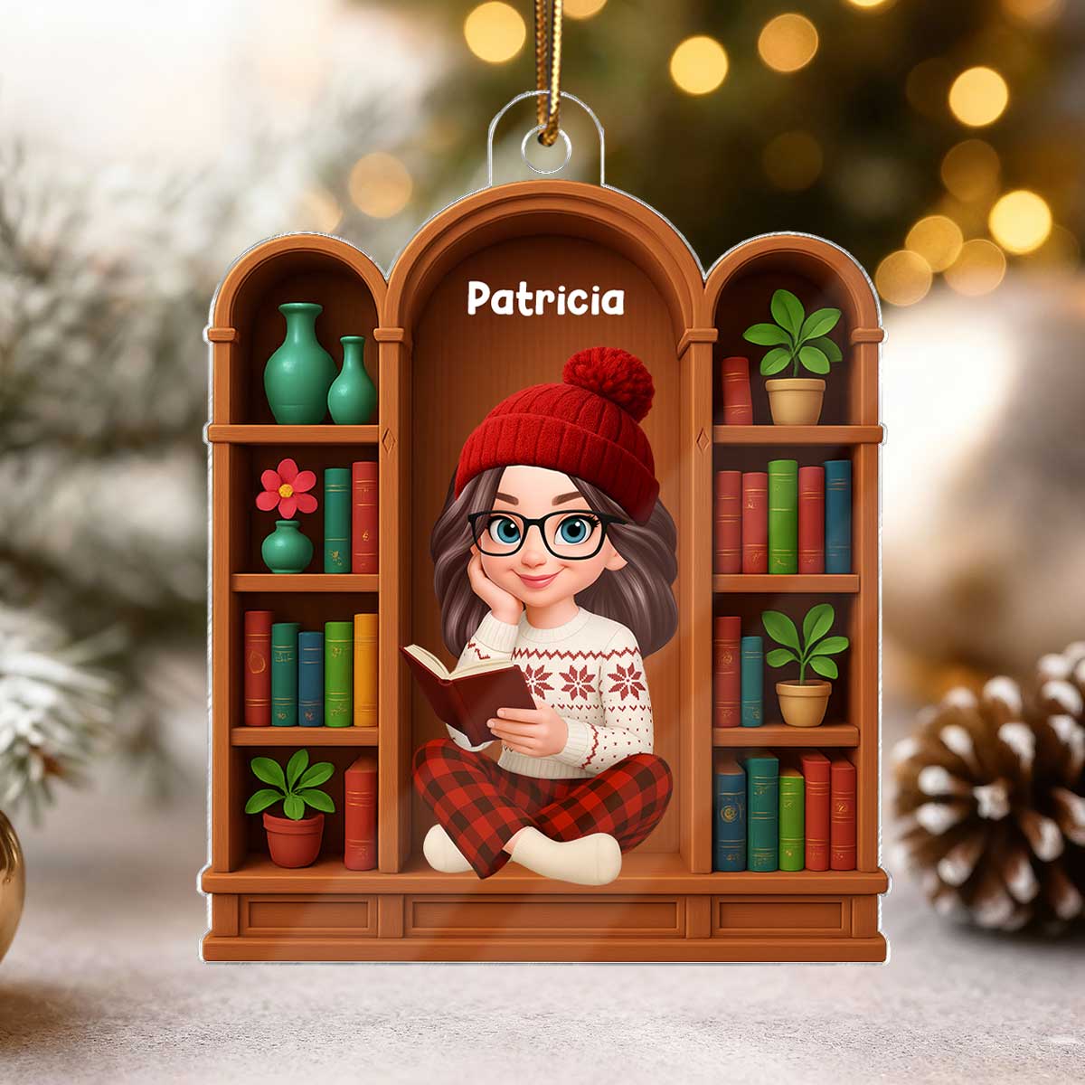 Christmas Cozy Vibe Pretty Girl Reading Book In Arched Bookshelf - Personalized Acrylic Ornament