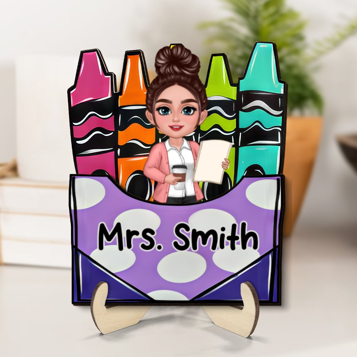 Teacher Crayon Box Personalized 2-Layer Wooden Plaque, Back To School Gift
