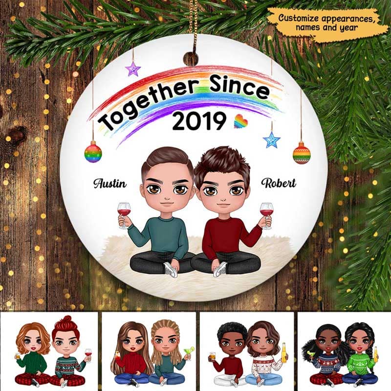 LGBT Doll Couple Together Since Personalized Circle Ornament