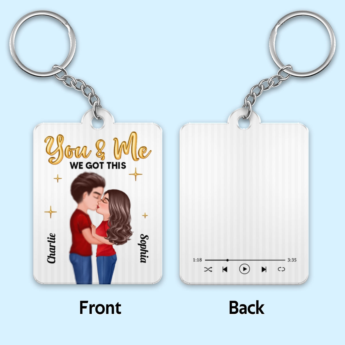 Doll Couple Kissing Golden Balloon Favorite Song QR Code Personalized Acrylic Keychain