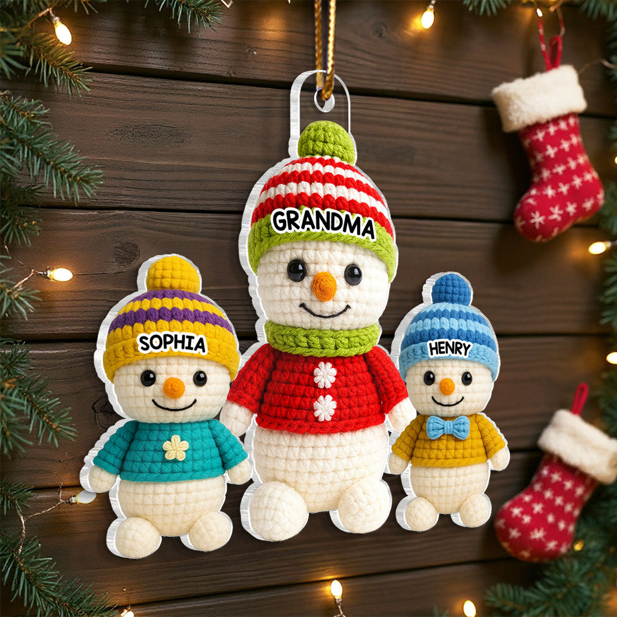 Heartwarming Grandma Grandkids Snowman 3D Crochet Effect - Personalized Acrylic Ornament - Christmas Gift for Grandmas