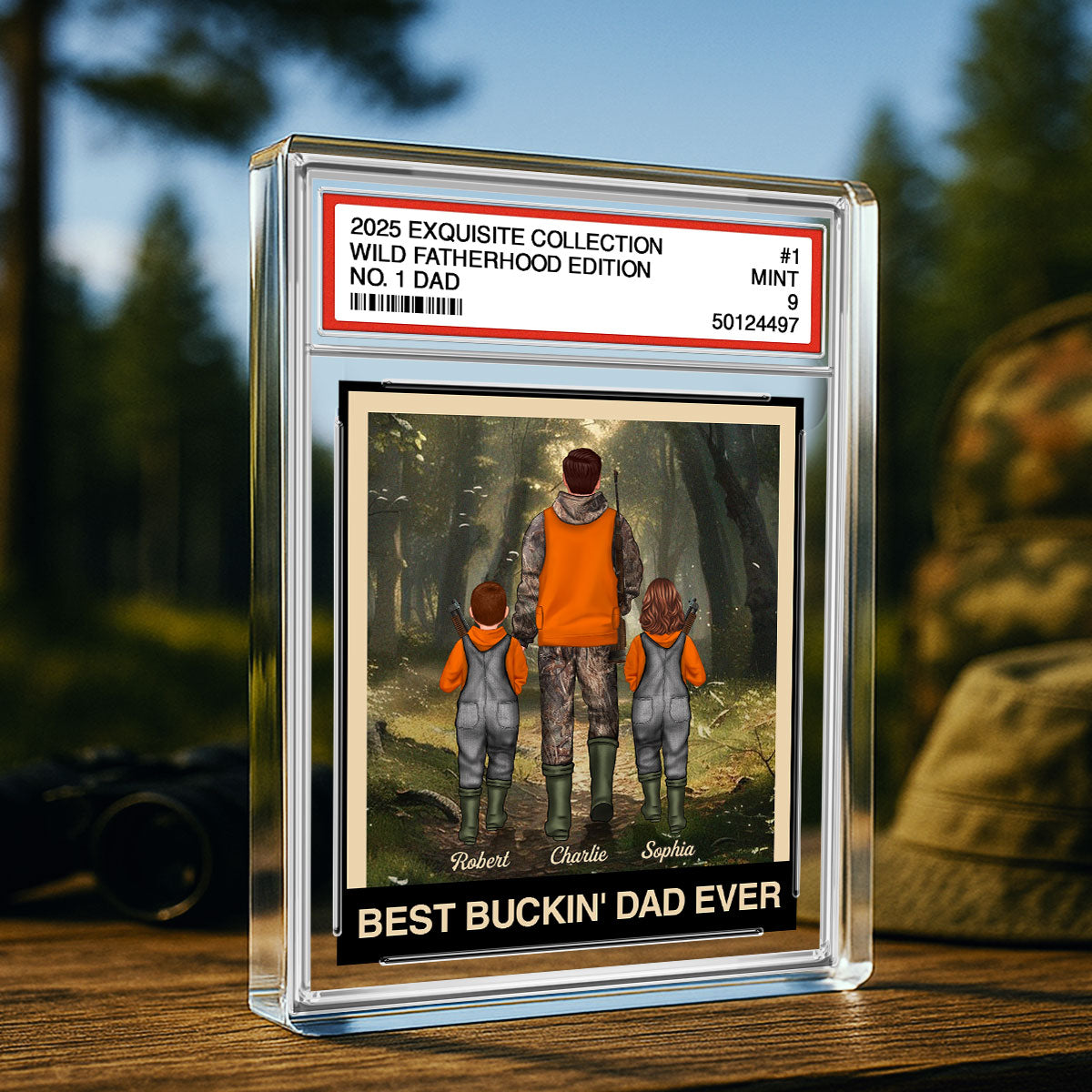 Hunting Grandpa Dad Man & Kids Trading Card Style Personalized Acrylic Block Plaque