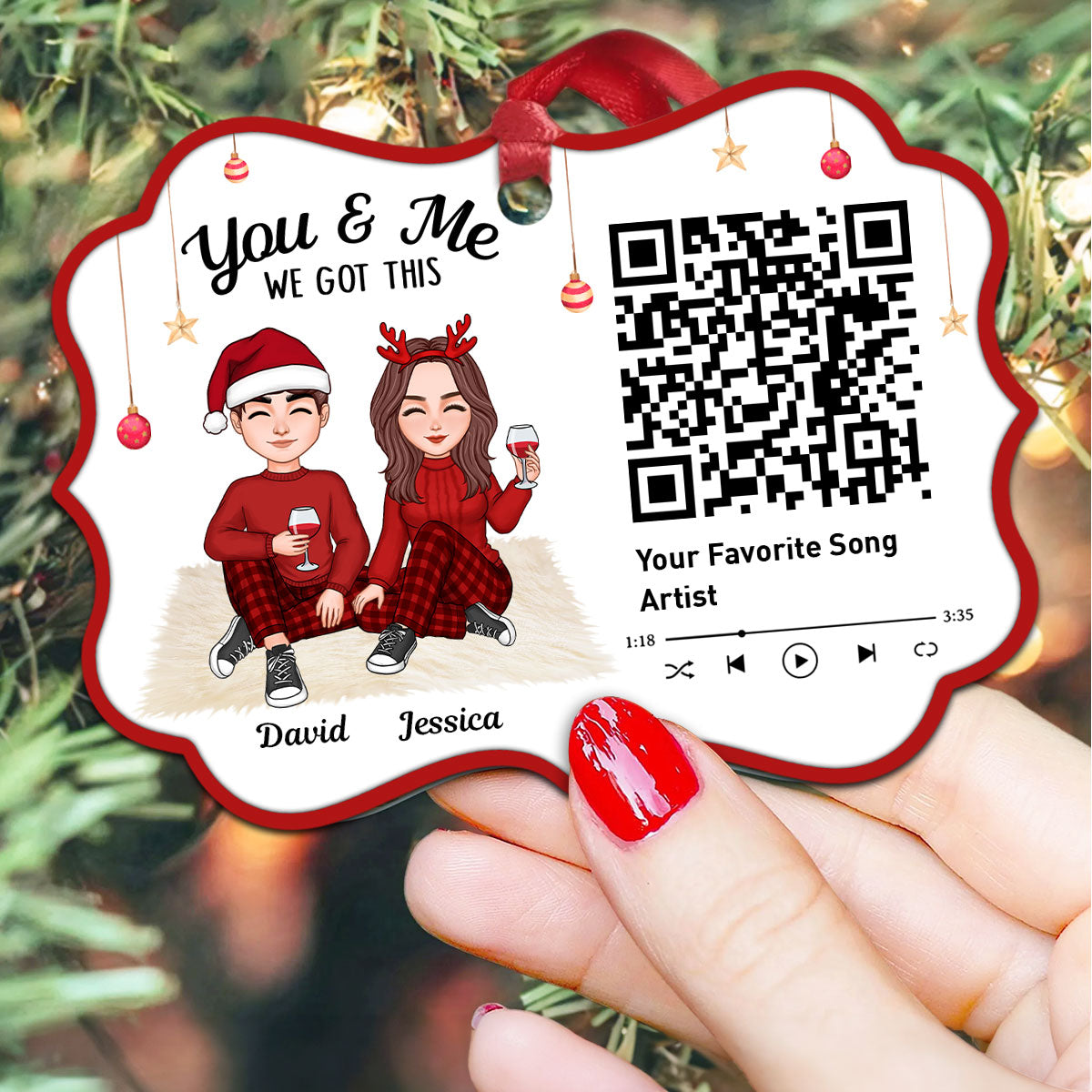 Christmas Couple Sitting Favorite Song Scannable QR Code Personalized Christmas Ornament