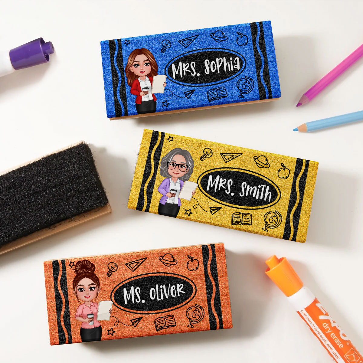Doll Teacher Personalized Chalkboard Whiteboard Eraser with Marker, Teacher Appreciation Gift, Back To School Gift