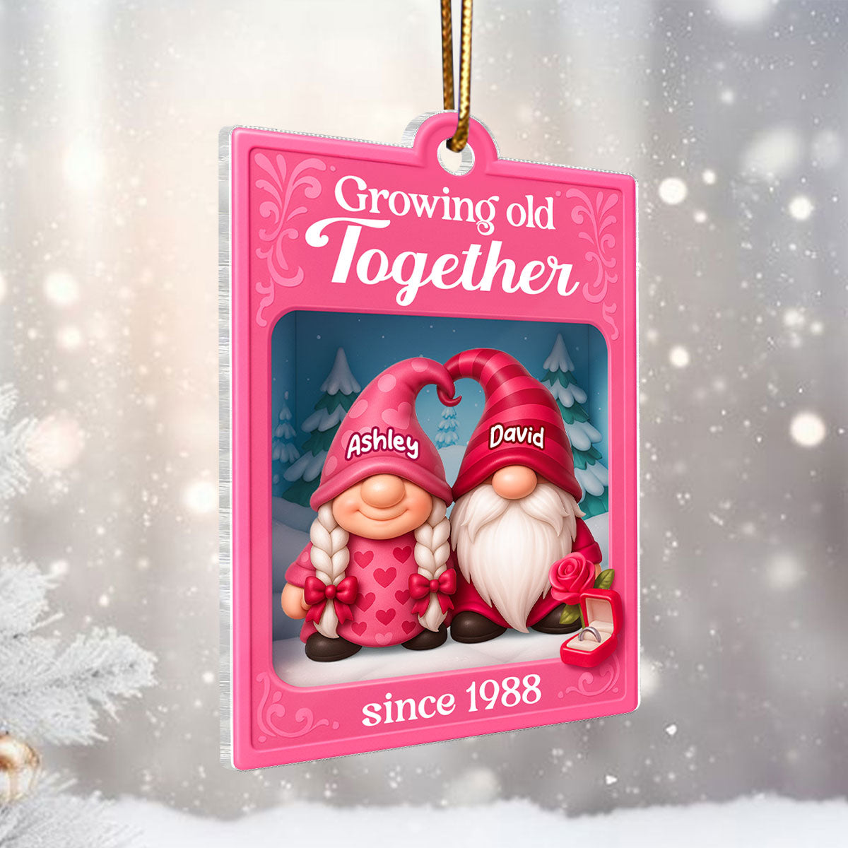 Growing Old Together Pink Gnome Couples Action Figure - Personalized Acrylic Ornament - Unique Christmas Gift For Old Couples, For Wife, For Husband